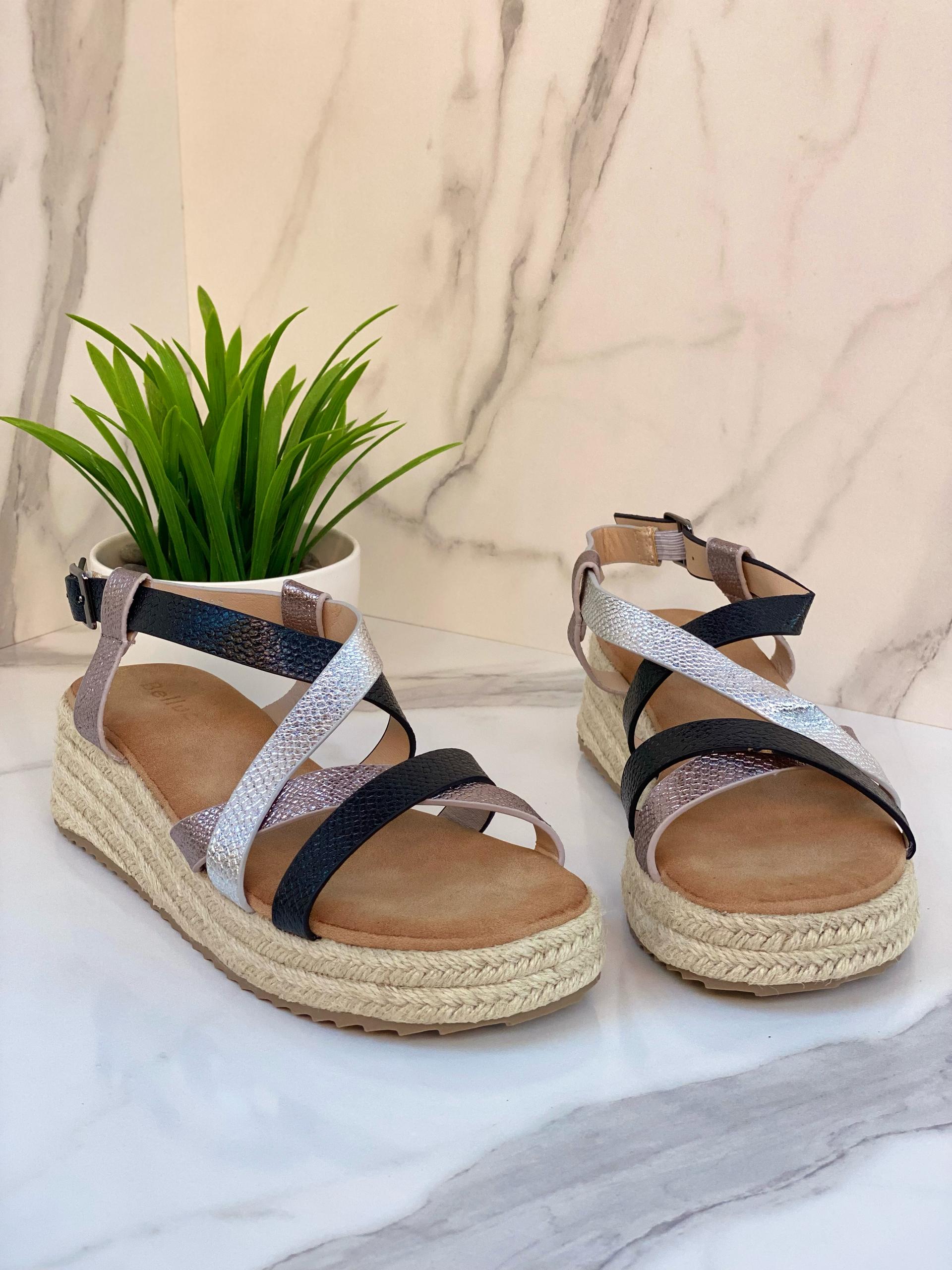 Sandales compensées multicolores noir & argent – Collection Modern Chic