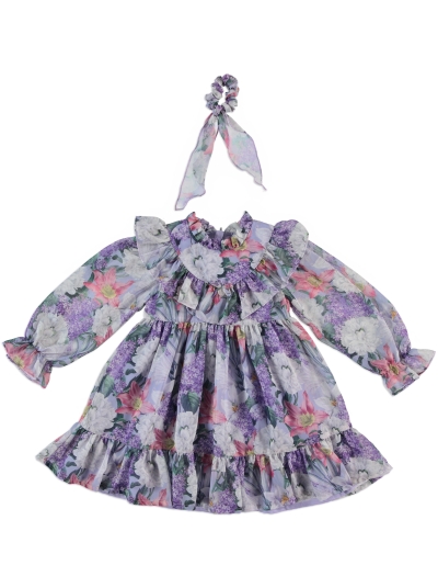 ROBE FLORALE BLANCHE ET MAUVE  EN TULL DOUX