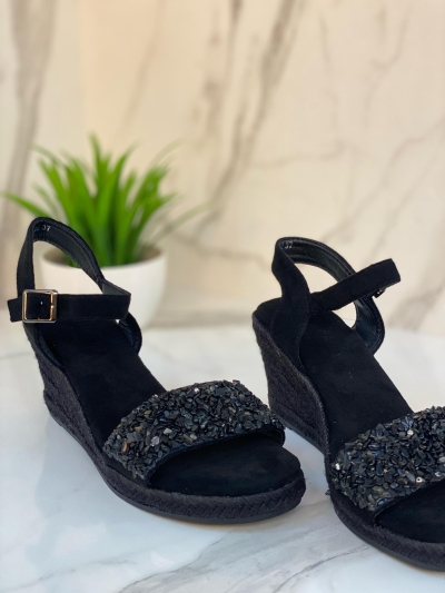Sandales compensées noires à strass – Modèle Nuit Chic