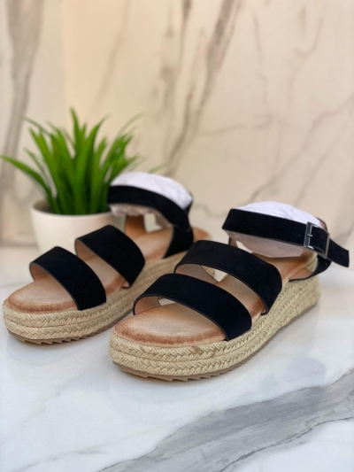 Sandales Compensées Noires à Brides Larges et Semelle Espadrille