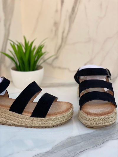 Sandales Compensées Noires à Brides Larges et Semelle Espadrille