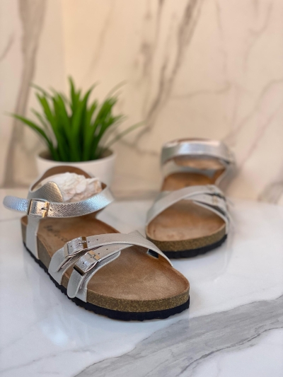 Sandales Femme Argent Brillant à Brides Éclatantes